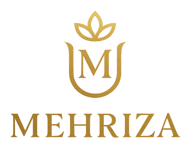Gold logo with 'Mehriza' on a white background