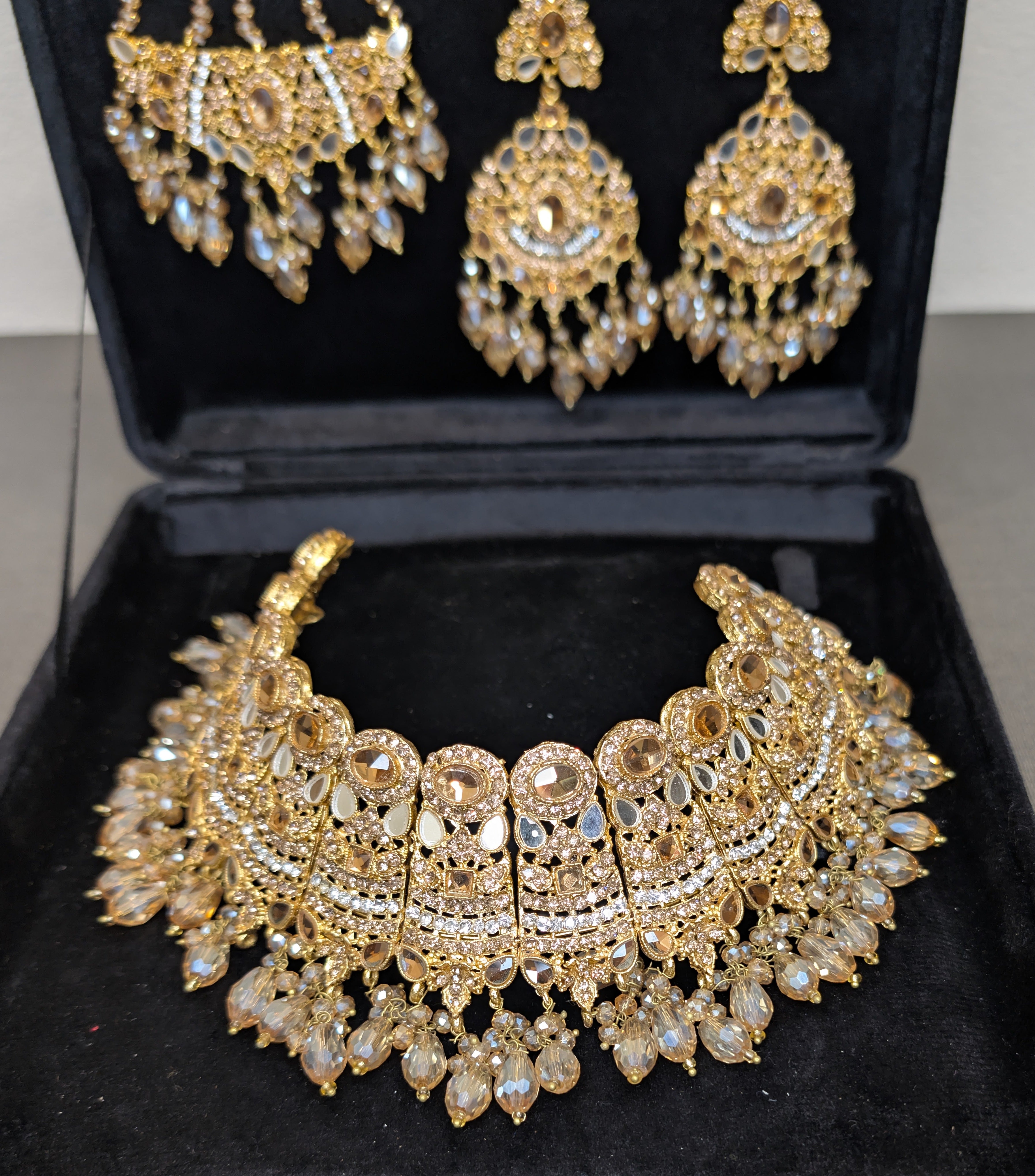 Kundan Style Gold & Champagne Crystal Choker Set with Earrings and Passa/Jhoomar
