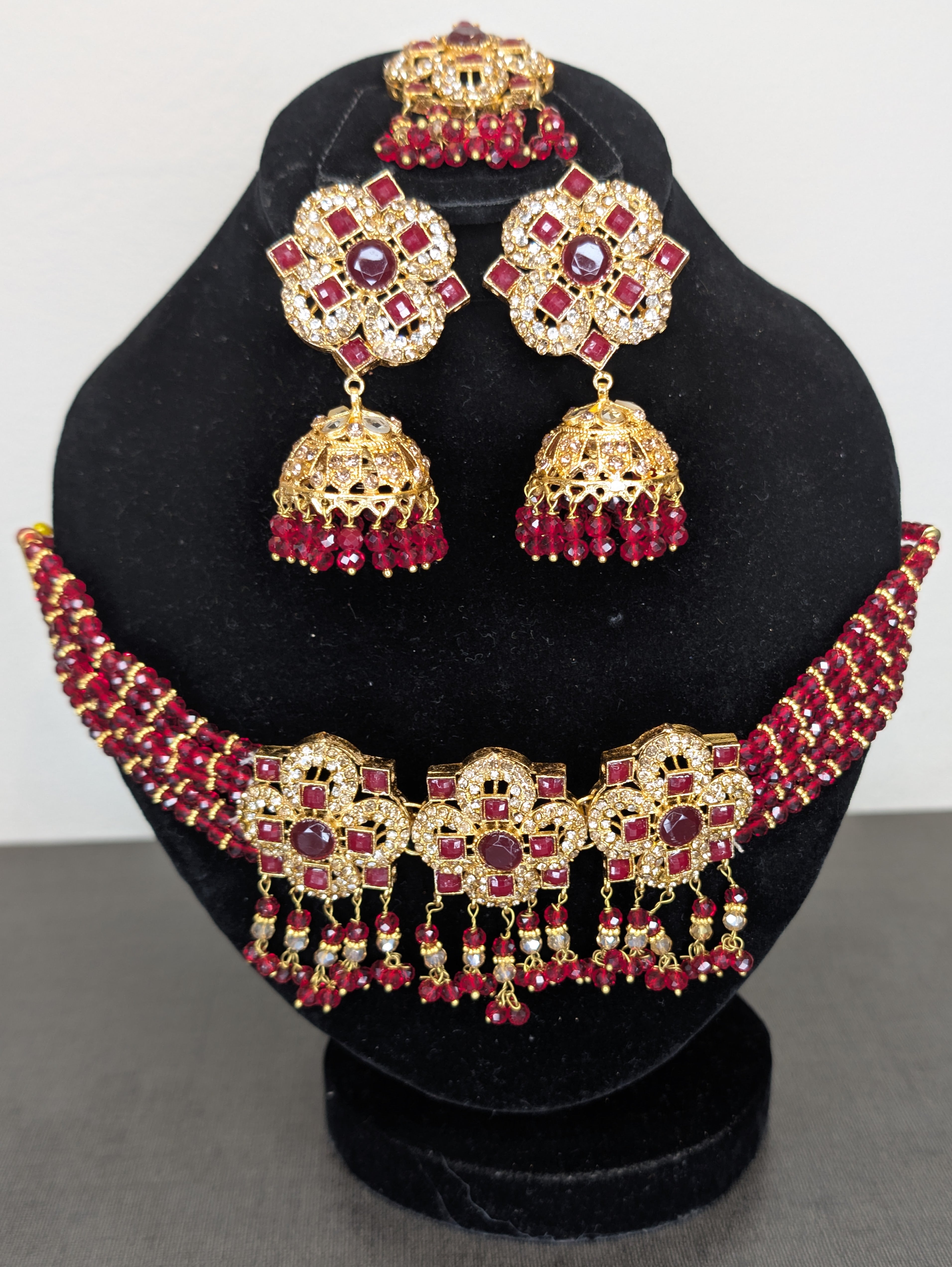 Pakistani Indian Wedding Jewelry Set - Headpiece, Choker & Earrings