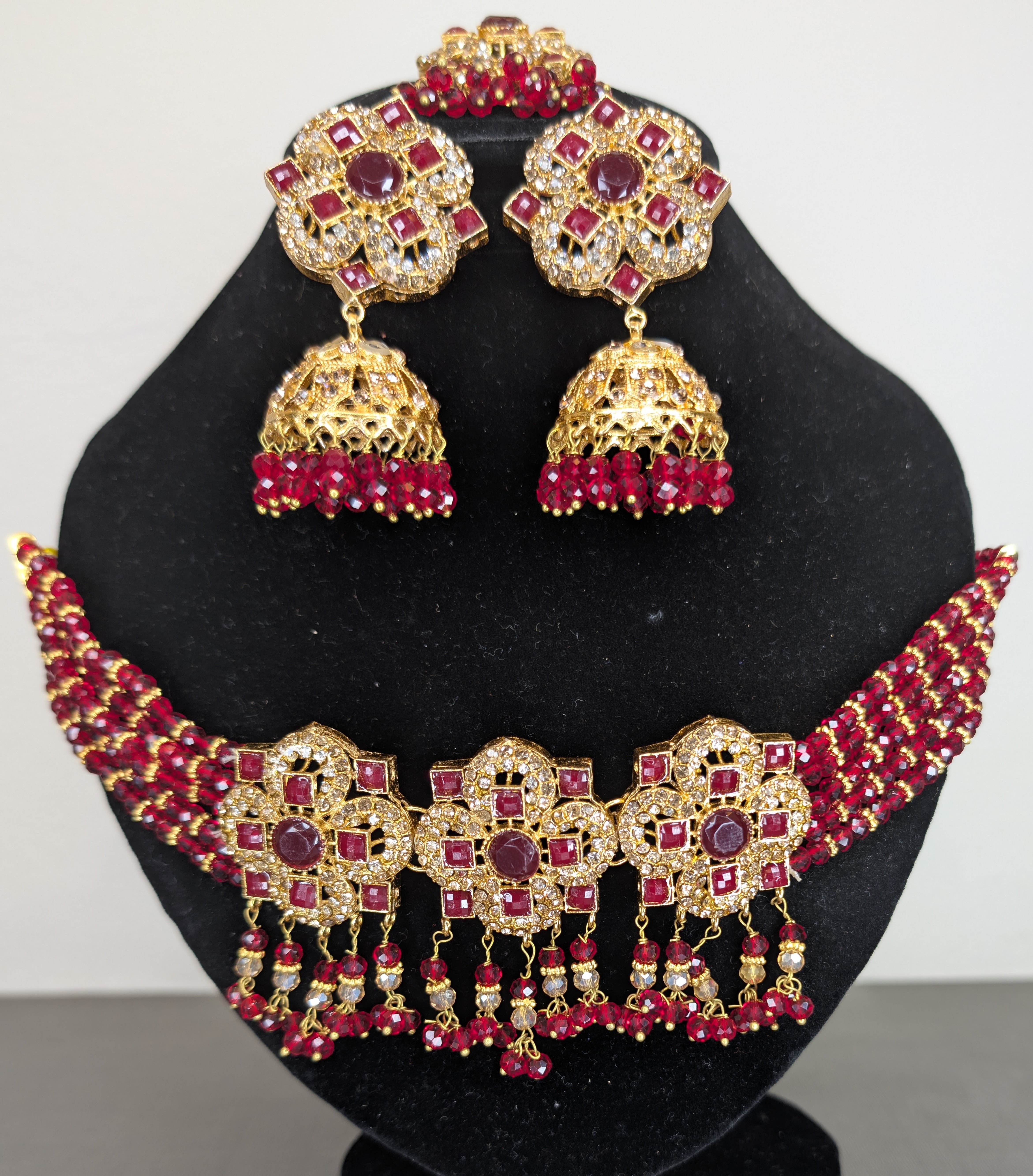 Pakistani Indian Wedding RED Jewelry Set - Headpiece, Choker & Earrings