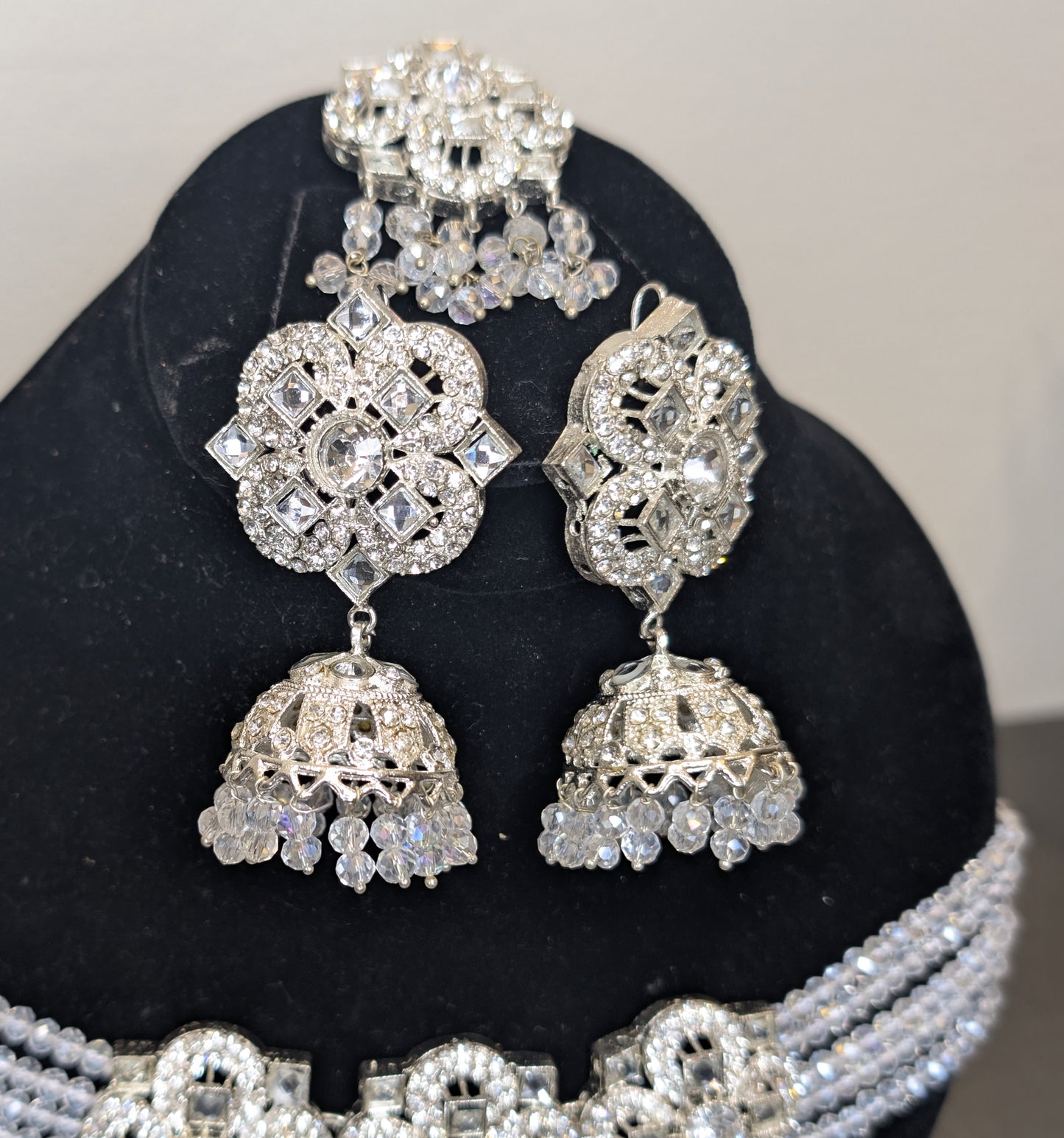 Pakistani Wedding White Jewelry Set - Headpiece, Choker & Earrings
